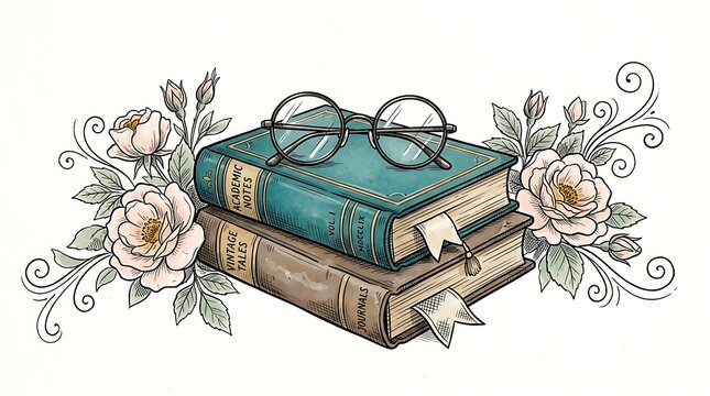 Stack of vintage hardcover books with round reading glasses and decorative floral rose illustrations on a white background