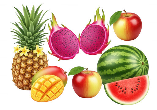 Fresh tropical fruit collection isolated on transparent background featuring pineapple mango apple and watermelon