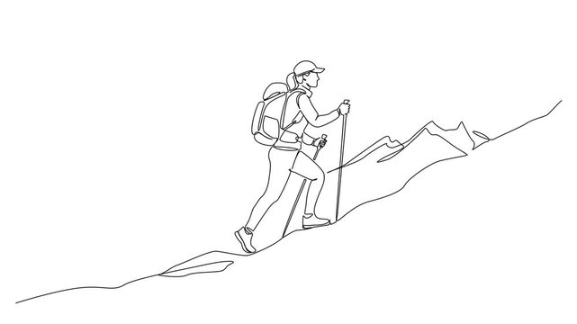 animated continuous line drawing of female hiker walking uphill with a backpack and trekking poles in mountain landscape, line art animation