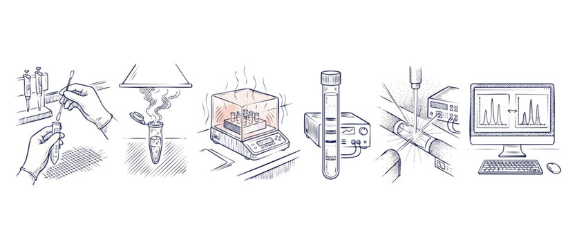 Laboratory science experiment workflow vector line art icons depicting chemical testing steps, biotechnology research equipment, chromatography analysis, test tubes, and computer monitor data screens.