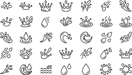 Fototapeta premium Vector water splash collection featuring liquid ripples and rain droplets in line style.