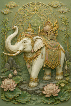 Ornate White Elephant in Traditional Thai Royal Art