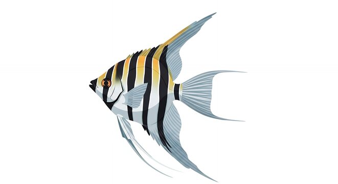 Colorful Freshwater Angelfish with Black and Yellow Stripes Isolated on White for Educational Graphic and Marine Decor.