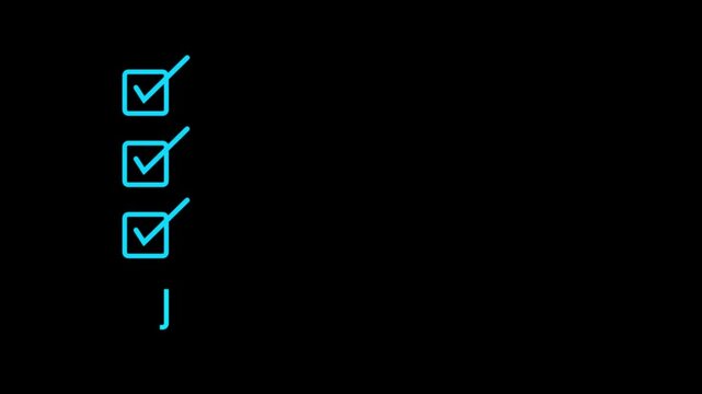 Animated four step process checklist with blue check marks in square boxes on black background. Choice Answer Vote Verification. Task completion animation for workflow, approval steps and explainer .
