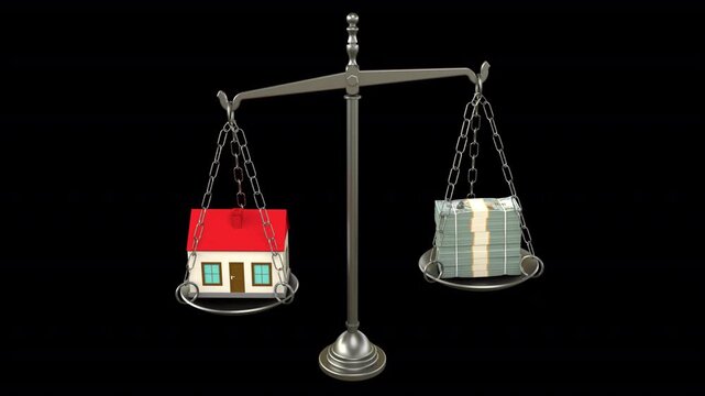 House for sale vs dollar stacks balance scale &ndash; 3d render looped with alpha channel.