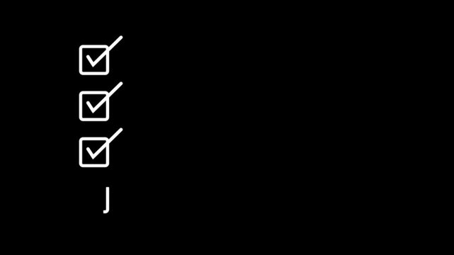 Animated four step process checklist with blue check marks in square boxes on black background. Choice Answer Vote Verification. Task completion animation for workflow, approval steps and explainer .