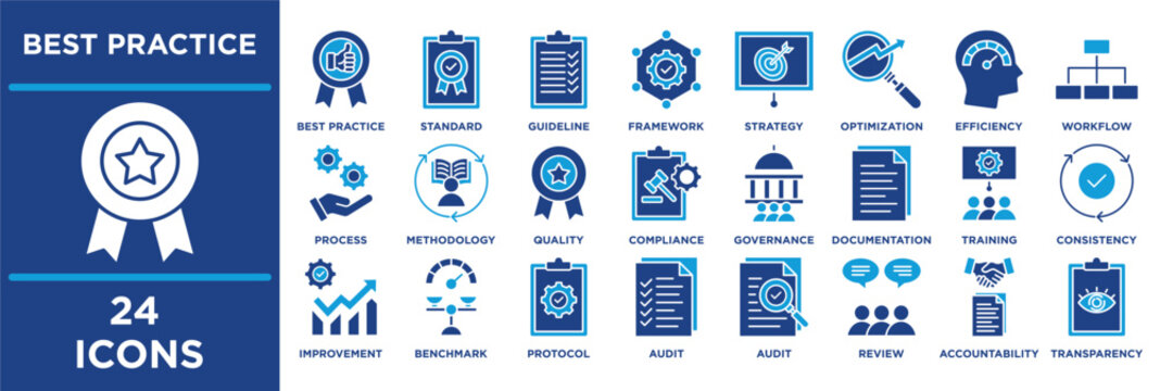 best practice glyph icon collection set. Containing Methodology, Quality, Compliance, Governance, Documentation, Training and Consistency.