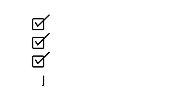 Animated four step process checklist with blue check marks in square boxes on white background. Choice Answer Vote Verification. Task completion animation for workflow, approval steps and explainer .