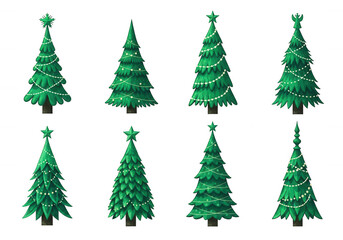 Obraz premium Set of eight stylized green Christmas trees with festive decorations isolated on a transparent background