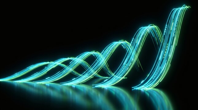 Abstract Glowing Fiber Optic Light Trails Rising in Wave Patterns for Data Flow and Financial Growth Concept
