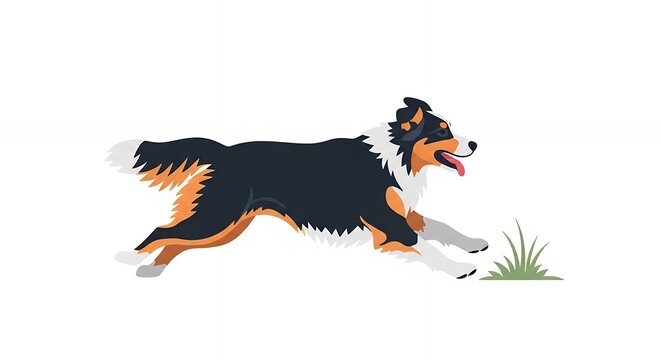 Active Australian Shepherd Dog Running and Jumping Over Green Grass Isolated on White Background Illustration