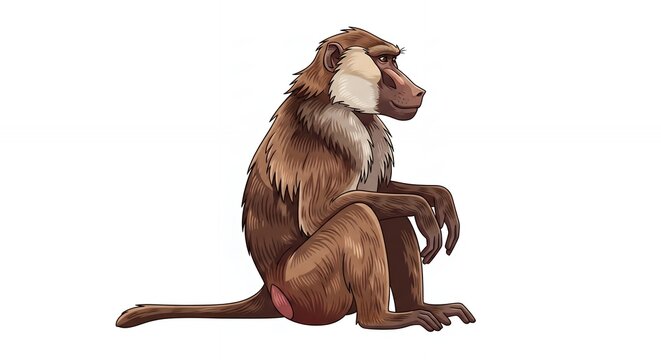 Detailed digital illustration of a sitting brown baboon primate isolated on a plain white background for design project
