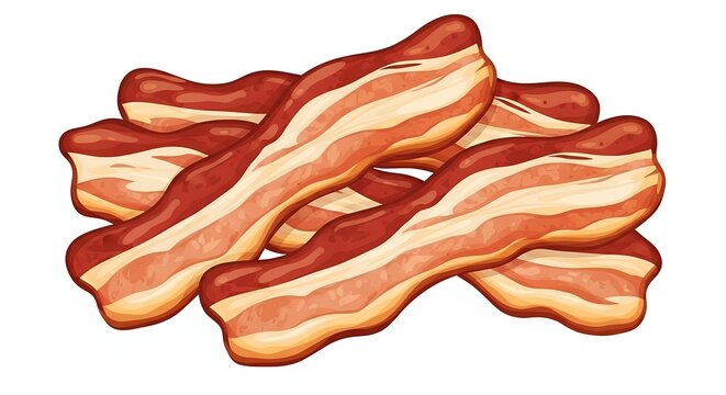 Stacked Slices of Crispy Fried Bacon Strips Isolated on White Background for Breakfast and Culinary Menus