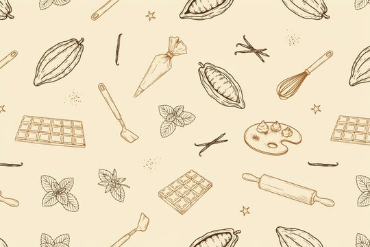 Seamless pattern featuring hand-drawn cocoa pods, chocolate bars, vanilla beans, mint leaves, whisks, and piping bags on a light beige background