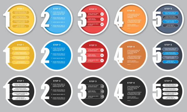 Modern circular 5-step infographic template set with colorful round layouts, numbered process icons, timeline elements, workflow diagrams, business presentation design, vector infographic collection.