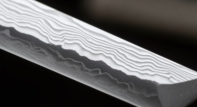 Close up of a Damascus steel blade showcasing intricate wavy patterns and metallic sheen.