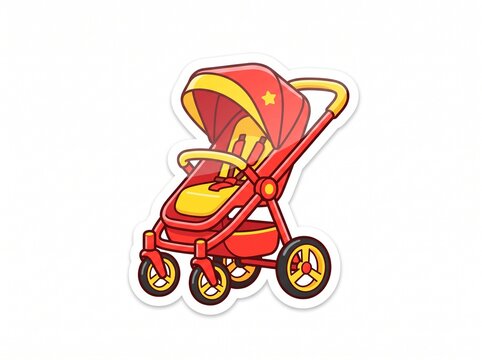 Red baby stroller illustration. Cute cartoon pushchair for infants and toddlers.