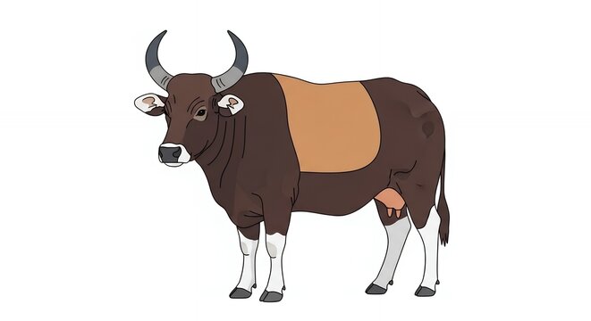 Majestic Brown Banteng Wild Bull Illustration Isolated on White Background with Large Horns and White Leg Markings