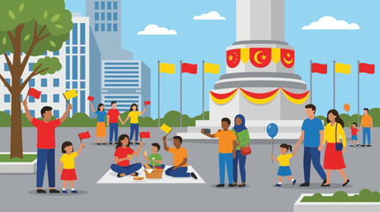 Fototapeta premium Diverse People Celebrating National Day in City Park Vector Illustration