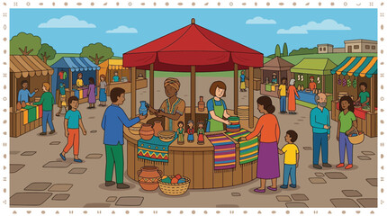 Diverse People Shopping at a Vibrant Outdoor Craft Market © nei
