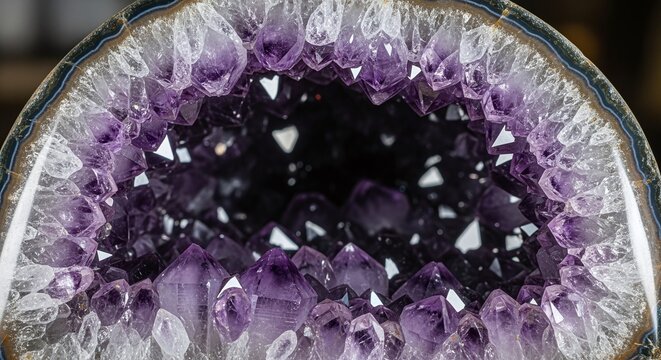 Close-up of a sparkling amethyst geode with vibrant purple crystals and white agate.