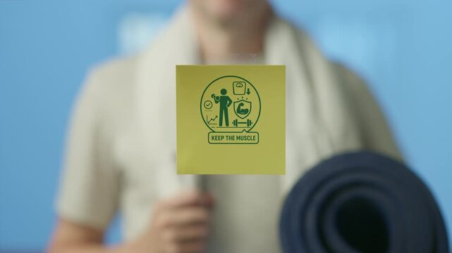 Fit individual holding a rolled up exercise mat and showing a sticky note with a keep the muscle infographic, promoting the importance of maintaining muscle mass for a healthy lifestyle