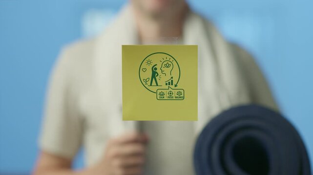 Conceptual video highlighting the connection between physical activity and mental well being, featuring an instructor holding a yoga mat and showing a note with icons related to health and balance