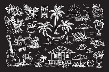 Obraz premium Doodle Hand Drawn Summer Trendy Icon set. Summer Vintage Whimsical Elements in Charcoal Pencil Style. Summer Beach Icons in Pencil Doodle Style. Drawing ink. Travel drawing hand drawn. Sketch Italian