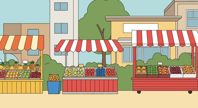 Outdoor farmers market stalls with fresh produce in a city street