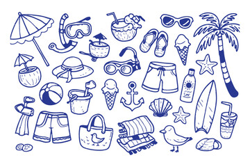 Summer beach icon element set. Hand drawn doodle sketch with sun, sea, travel vacation holiday trip. Cute beach icon elements with sunglasses umbrella palm camera suitcase. Vector illustration © Hike Studio 2
