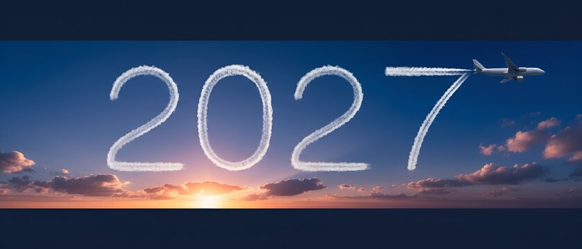Jet airplane flying past clouds shaped as 2027 over a city at sunset future travel goals, urban progress vision New Year