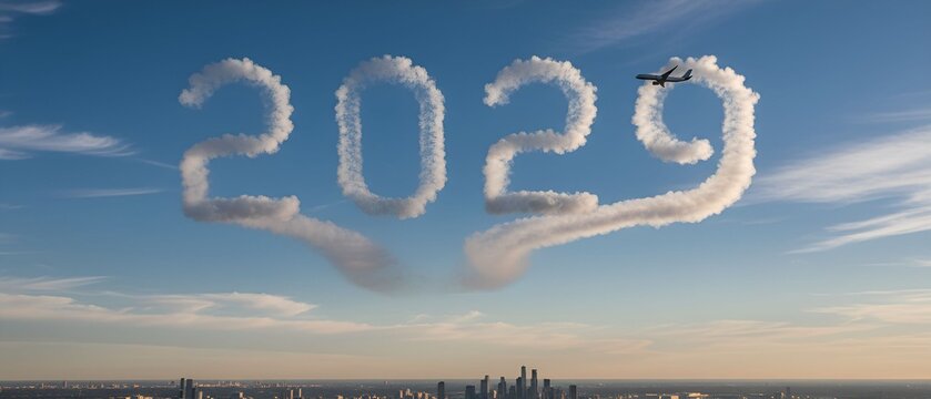 The number 2029 written in clouds behind a plane flying over a city at sunset, future travel goals, urban progress New Year