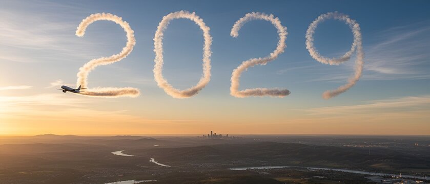 The number 2029 written in clouds behind a plane flying over a city at sunset future travel goals, urban progress New Year