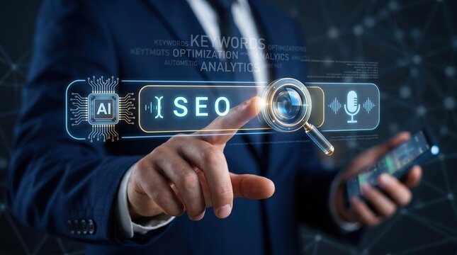 SEO search engine optimization concept with artificial intelligence AI chip, keyword analysis, voice search microphone icon, digital marketing strategy, website ranking improvem...