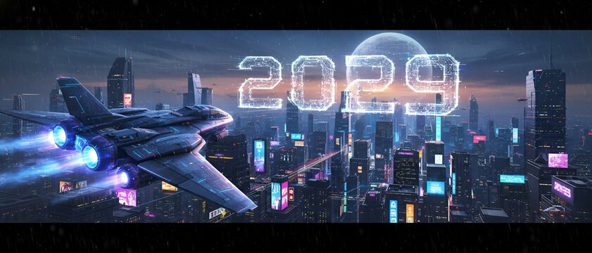 The number 2029 written clouds behind a plane flying over a city at sunset future travel goals, urban progress New Year.