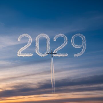 The number 2029 written in clouds behind a plane flying over a city at sunset, future travel goals, urban progress New Year