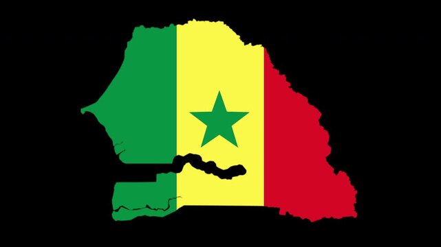Senegal map pop animation with flag colors and black background