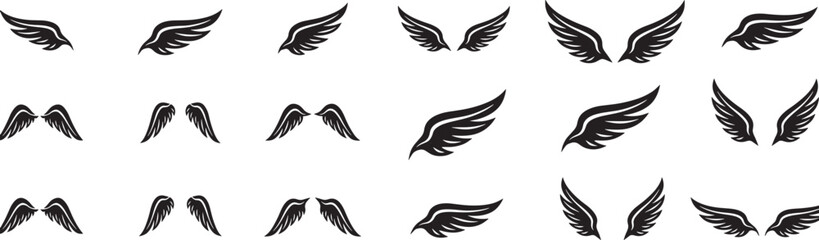 Fototapeta premium Set of wing icons. Black bird wings in various styles. Angel wing collection.