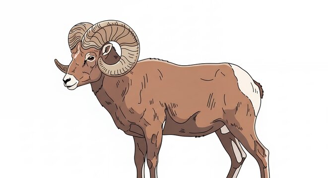 Majestic Bighorn Sheep Ram Illustration with Large Curved Horns Isolated on a White Background for Nature Design