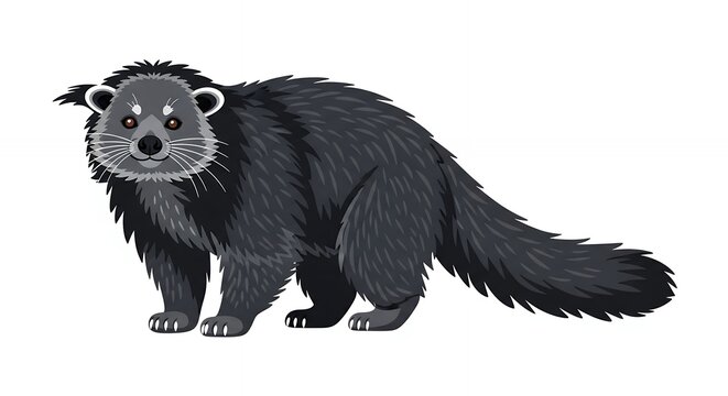 Exotic Asian Binturong Bearcat Mammal Illustration with Thick Shaggy Fur and Long Tail on White Background