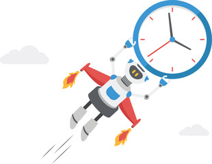 Naklejka premium Robot with lightbulb and clock flying like rocket