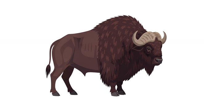 Powerful African Buffalo Illustration Featuring Sharp Horns and Thick Brown Fur Isolated on a Plain White Background