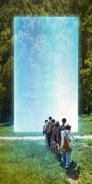 Hikers walking toward tall virtual screen in forest clearing. Concept of digital transformation and immersive technology for augmented reality, connected travel services and innovation advertising.