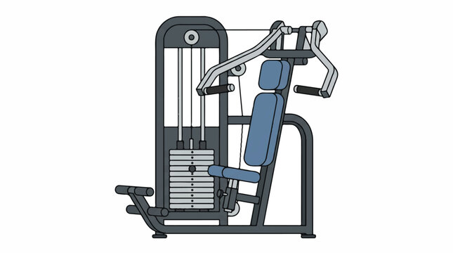 Chest Press Machine Illustration: A detailed illustration of a modern chest press machine, featuring a padded seat and backrest, adjustable weights, and dual arm levers.