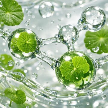 Scientific skincare concept with botanical extract molecules and fresh green leaves in clear serum liquid