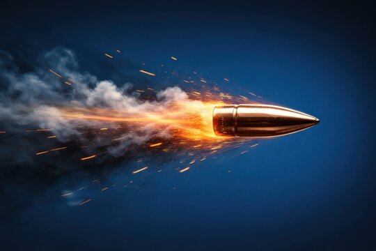 High speed bullet with fire trail sparks and smoke flying through dark blue background