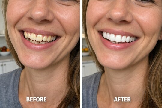 Before and after comparison of professional teeth whitening showing brighter healthy smile transformation