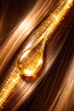 Golden hair serum drop on healthy shiny strands highlighting nourishment repair and beauty care concept