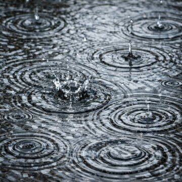 Close up of raindrops creating ripples and splashes on water surface during rainy weather