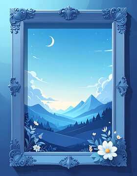 Pixel art framed landscape, serene blue mountains and crescent moon, dreamy sky with clouds and starry night, decorative floral border